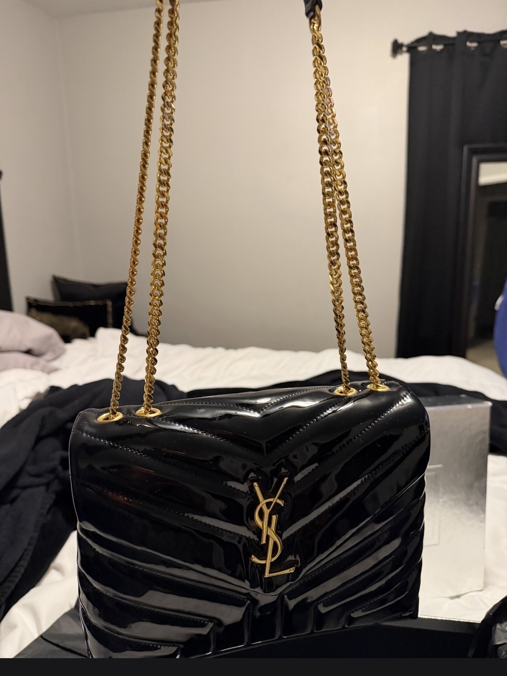 Yves Saint Laurent Black Patent Quilted Shoulder Bag with Gold Hardware